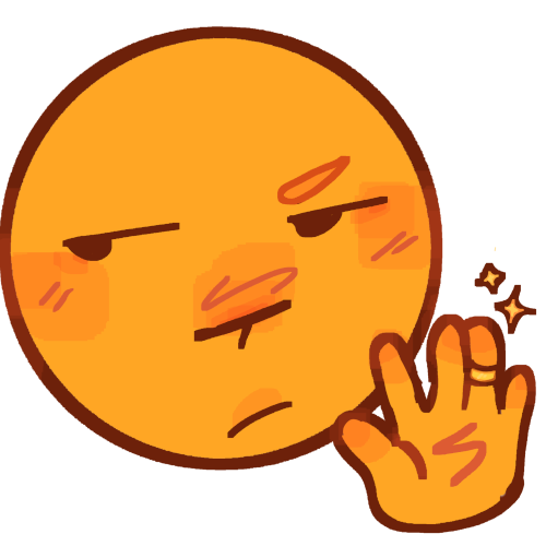 An emoji yellow face with neutral or unimpressed expression holding up their hand, which has a gold ring on the fourth finger and sparkles around the ring.